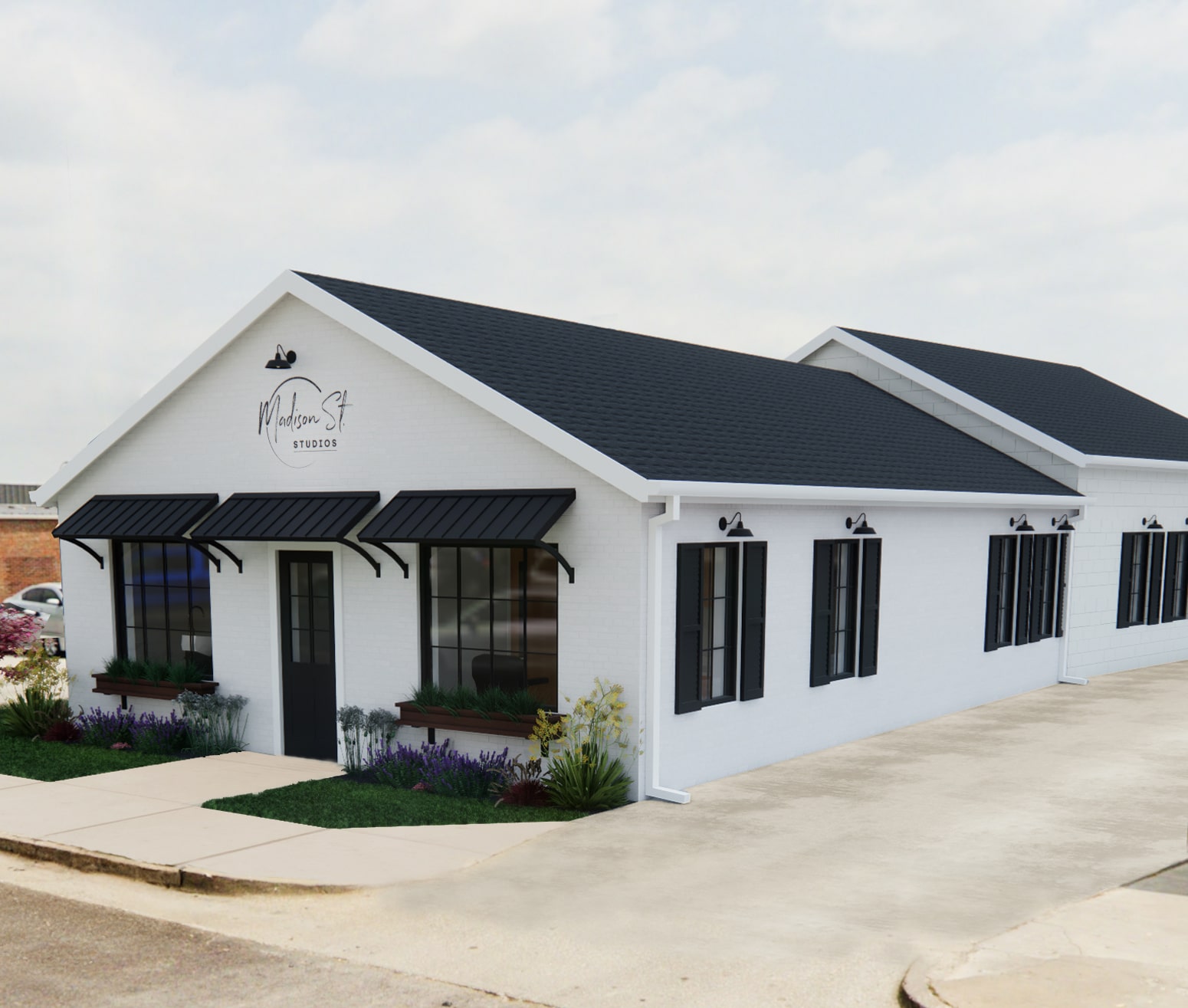 One story building with black roof, doors, windows