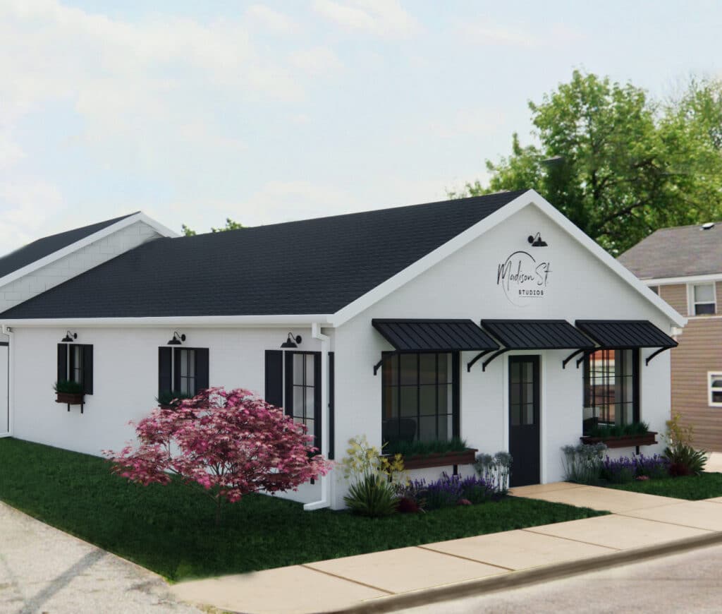 One story building with black roof, doors, windows - Madison Street Studios